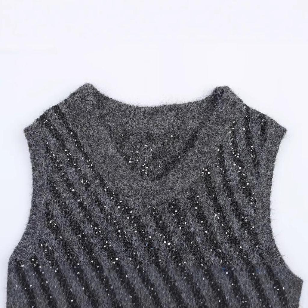 Spring 2025 Women's European V-neck Striped Lurex Knit Sleeveless Vest