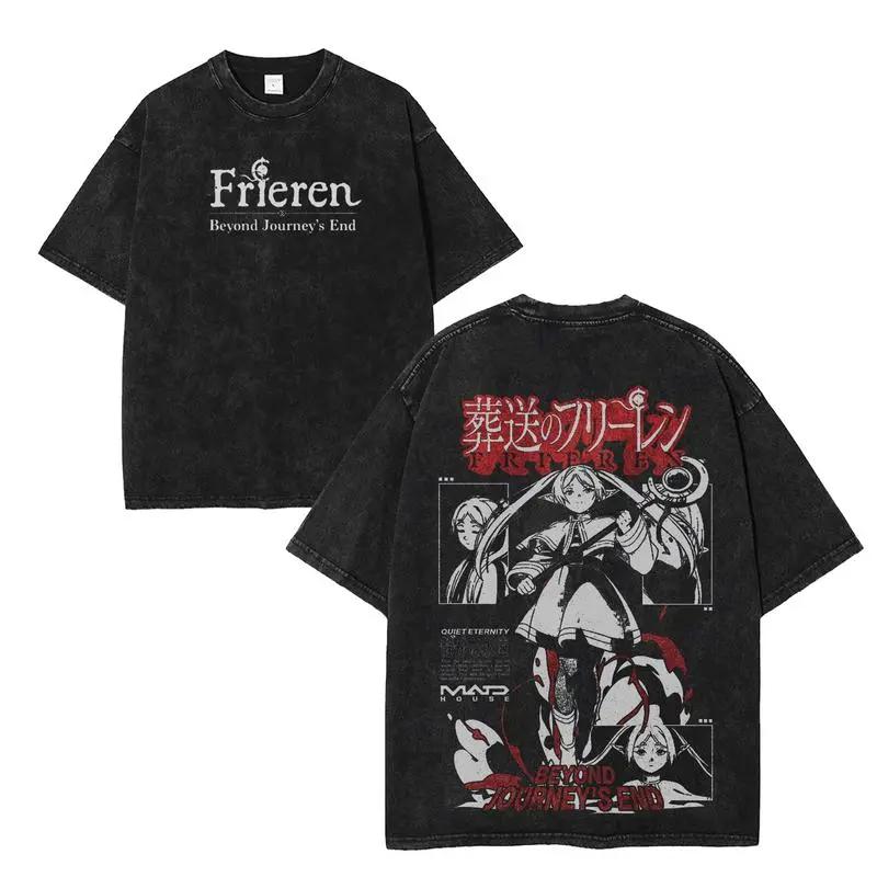 Gothic Yk Frieren Beyond Journeys End Tshirt Anime Washed Oversized T Shirt Men Women Clothing High Quality Cotton Tee Tops