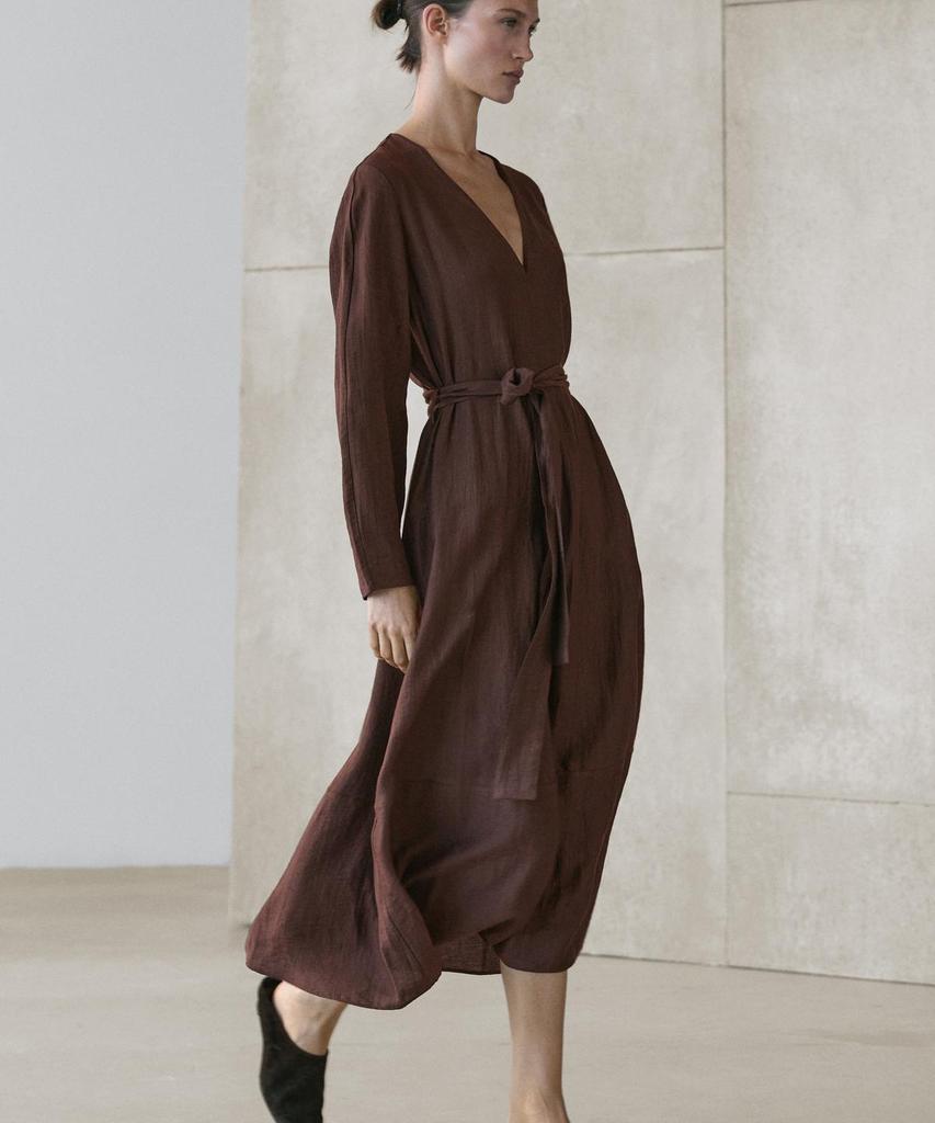 Masimodutti Belt Detail Linen Fluid Knee-Length Dress