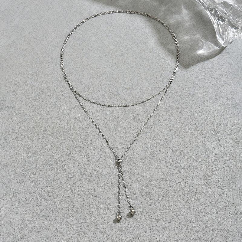 Luxury Metal Double-Layer Chain Beads Pendant Necklace for Women Simple Y-Shaped Stretchable Long Necklace Banquet Jewelry Gifts