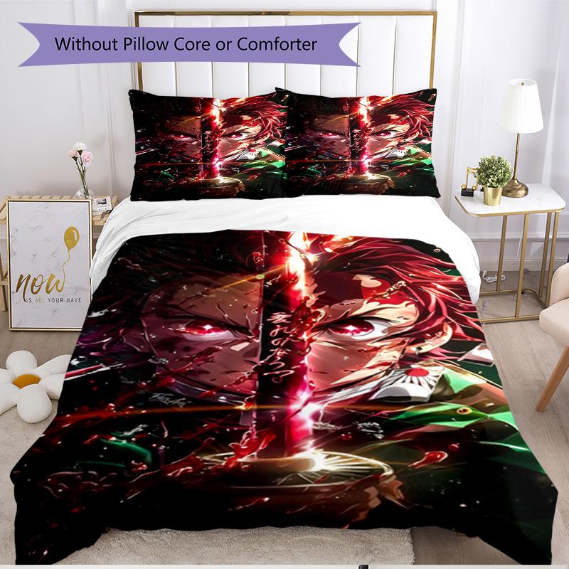 Set cuvertură de pilota 3 buc (1 * Husă de pilota + 2 * Față de pernă, Fără Miez), Set de așternut moale cu imprimeu Demon Slayer, pentru toate anotimpurile, Decor pentru dormitorul de acasă, Cadou