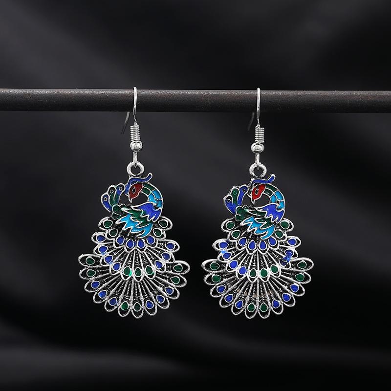 Retro Peacock Open Screen Enamel Earrings Women's Fringed Long Multi-layer Earrings Temperament Versatile Tibetan Silver Earrings