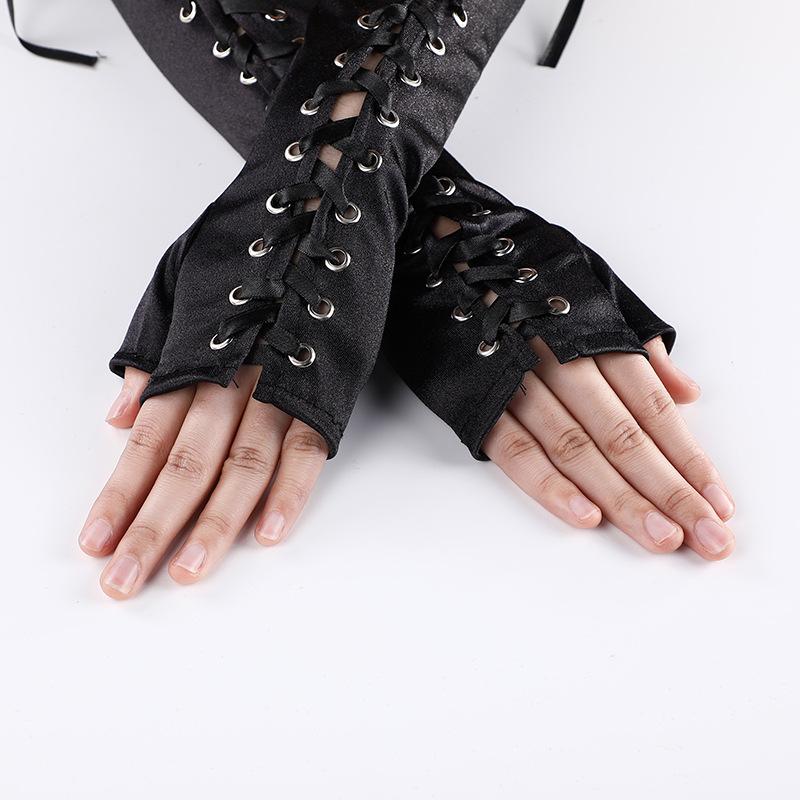 Women Sexy Bandage Ribbon Frenulum Lace Satin Long Gloves Cosplay Stage Performances Lolita Fashion Personality Mittens
