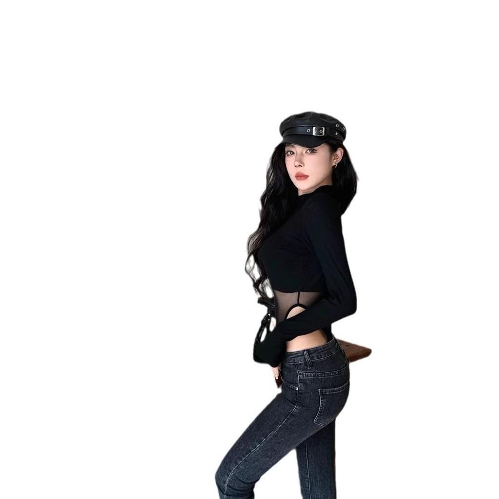 Pikantne Seksowne Siateczkowe Wstawki Slim Fit Body z Długim Rękawem