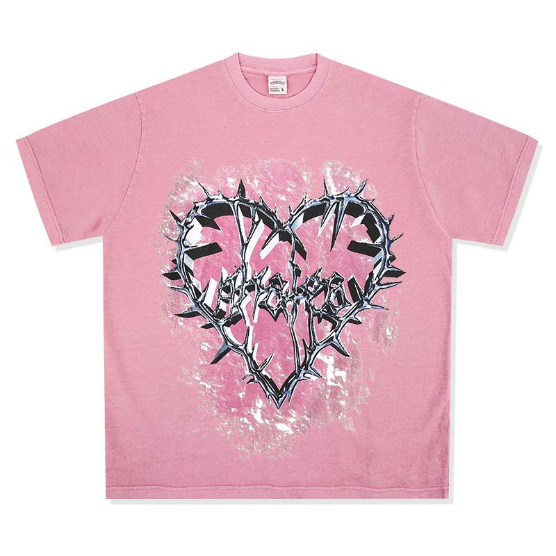 Washed Retro High Street Thorns Small Heavy Vintage Printed Short-Sleeved T-Shirt Retro Neckline Love Bottoming Shirt Cotton