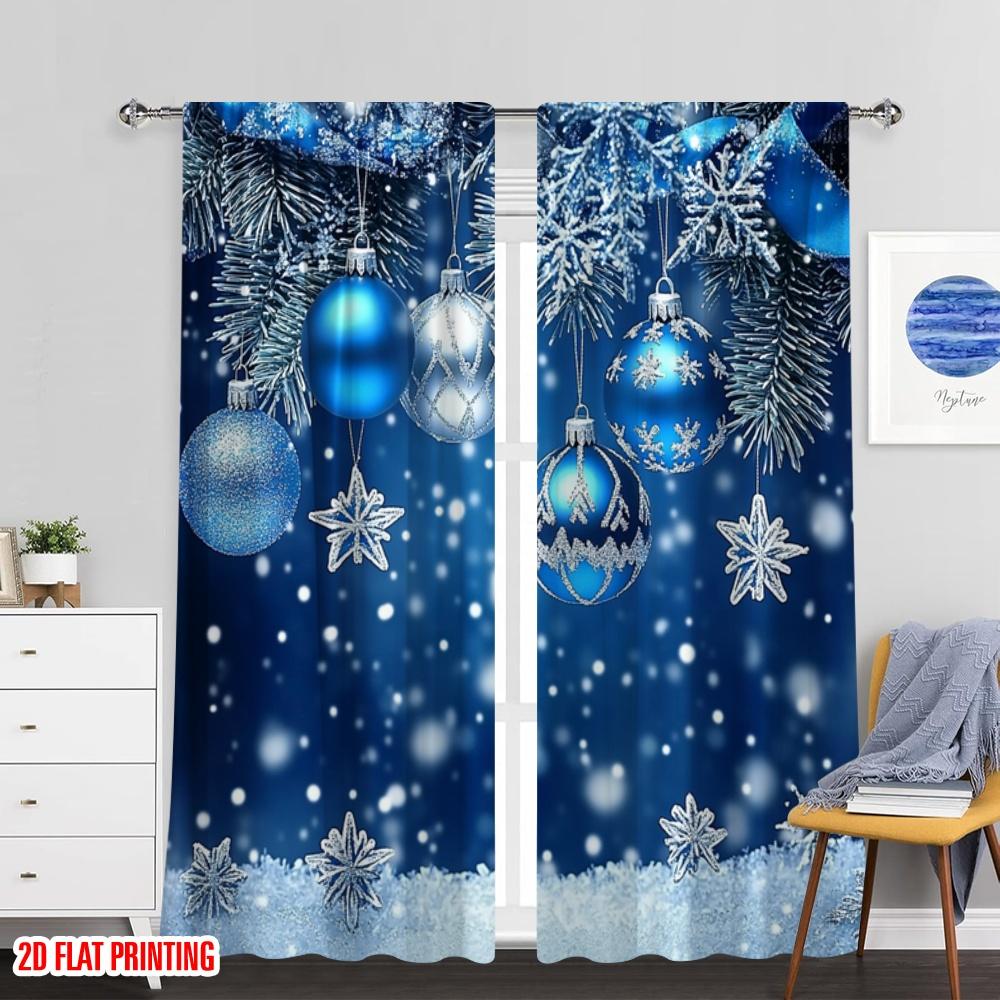 Set Of 2 Flat Printing Merry Christmas Popular Drapes Blue Snowflakes Polyester Without Electricity Festive Curtains Room Curtain