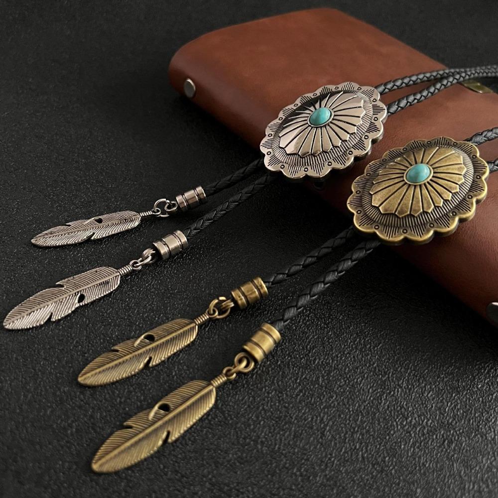 PU Woven Rope Turquoise Bolo Tie Ethnic Style Brass Carved Flowers Necktie  Women