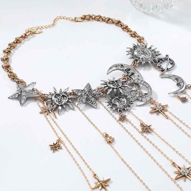 Exaggerated Multi-Layered Tassel Pendant Necklace With Moon Star Sun And Full Diamond Design For Women In Boho Style