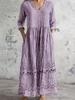 Ladies Light Gray Washed V-neck Seven-quarter Sleeve Long Dress Hem Flower Embroidery Loose Pleated Side Holiday Dress