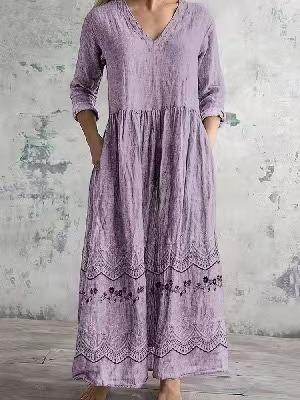 Ladies Light Gray Washed V-neck Seven-quarter Sleeve Long Dress Hem Flower Embroidery Loose Pleated Side Holiday Dress