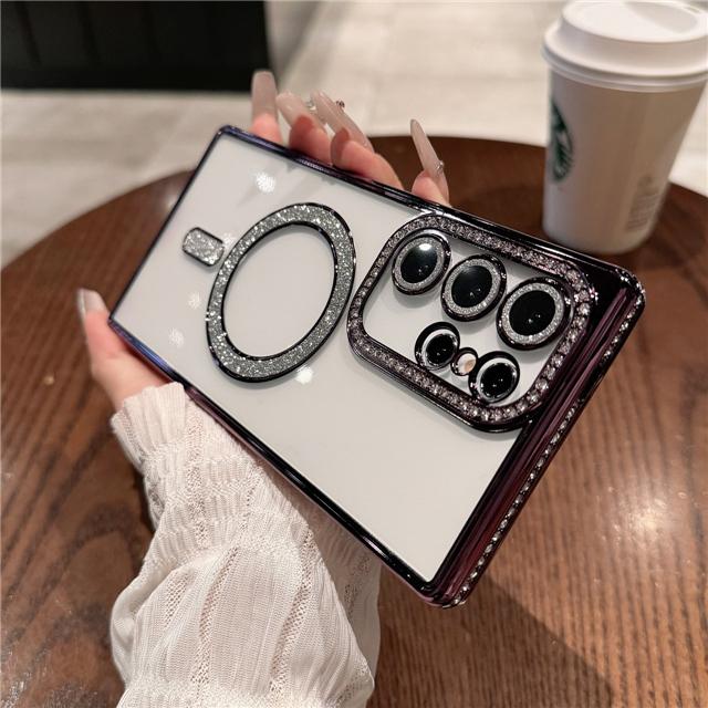 For Samsung Galaxy S25 Ultra Luxury Glitter Magsafe Magnetic Plating Diamond Frame Phone Case For Samsung S22 S23 S24 Plus Cover