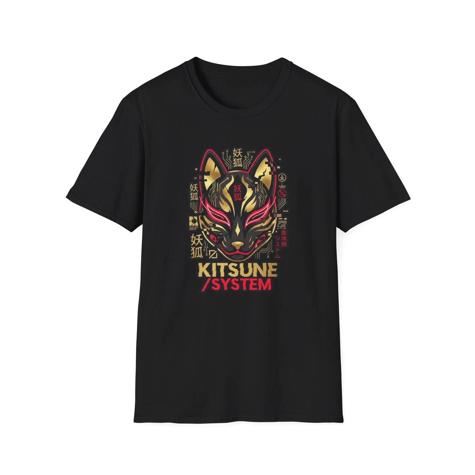 Kitsune Cyberpunk T-Shirt Men Japanese Fox Mask Anime Graphic Tee Streetwear 4XL