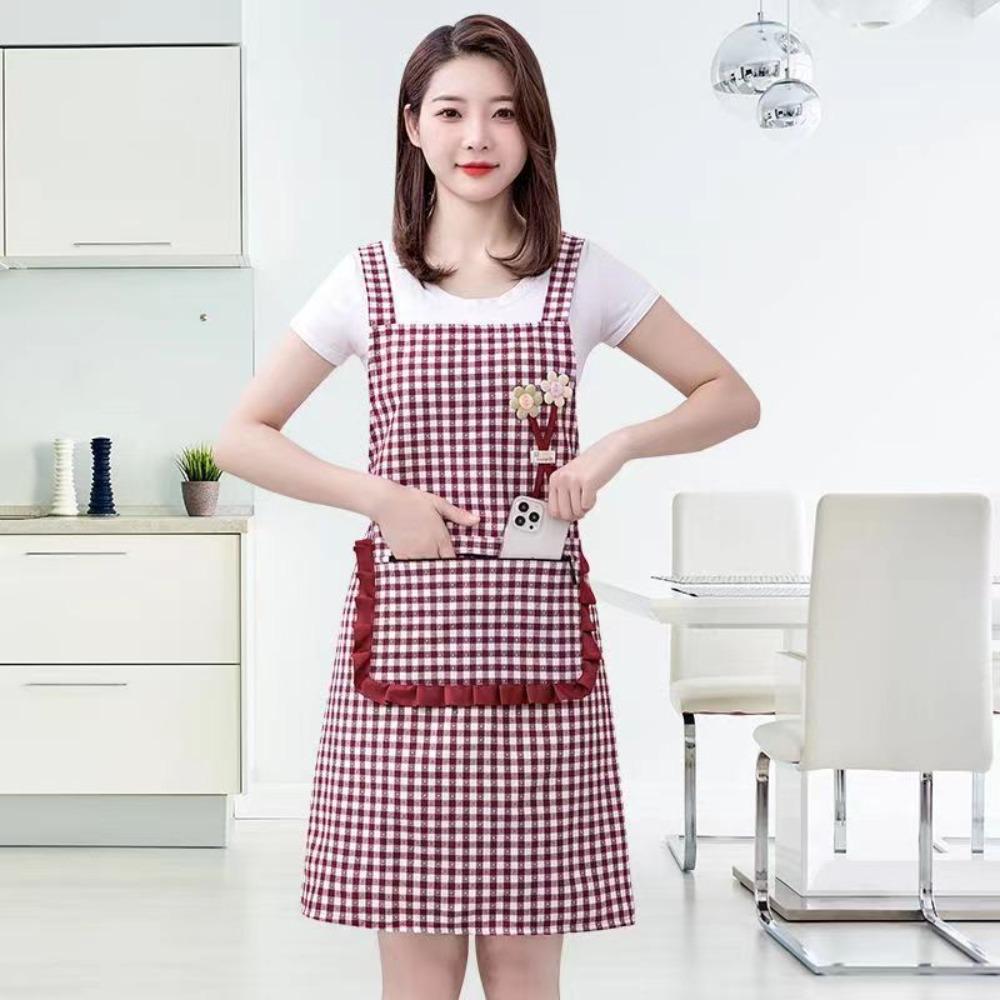 Household Plaid Women Apron Cotton Overalls Oil-proof Chef Aprons Large Pocket Cooking Apron Home Cooking