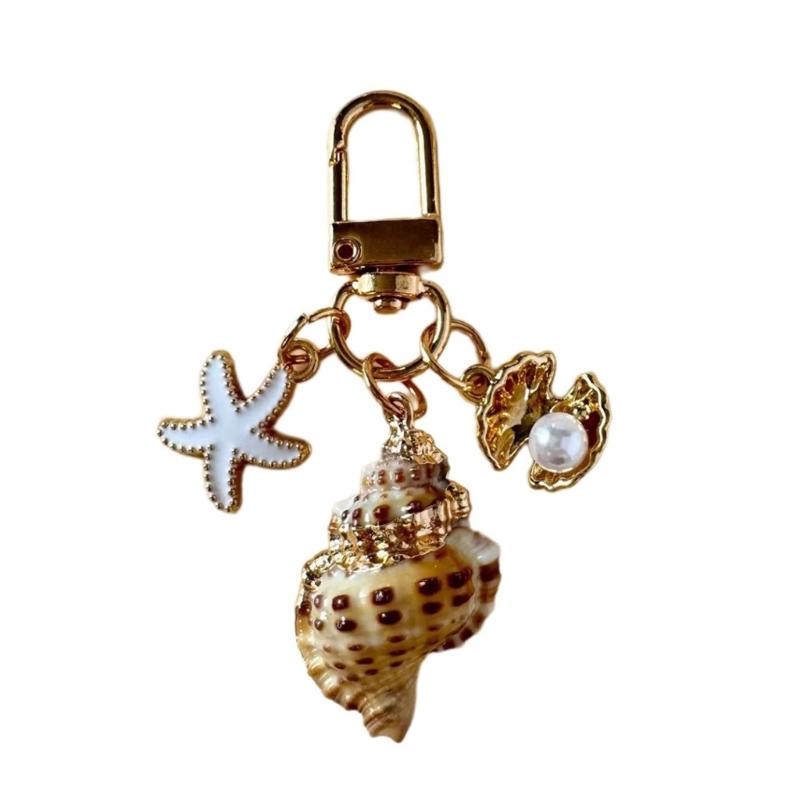 Oceanic Shell Alloy Keychain Pearls Accent Lightweight Versatile Purse Charm Jewelry Multi Functional Accessory