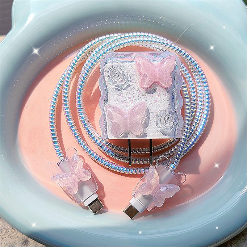 Data Line Bite Accessories for IPhone 18/20w Pink Crystal Butterfly Iphone Cable Protector Protective Cable Cover RXQ06