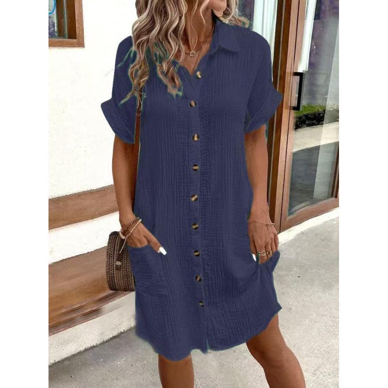 2026 Women's Mid-length Single-breasted Solid Color Short Sleeve Casual Dress