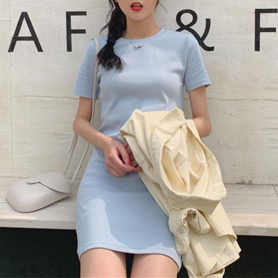 Kadın Elbise Düz Renk Basit Yaz O Yaka Kısa Kollu Etek Randevu İçin