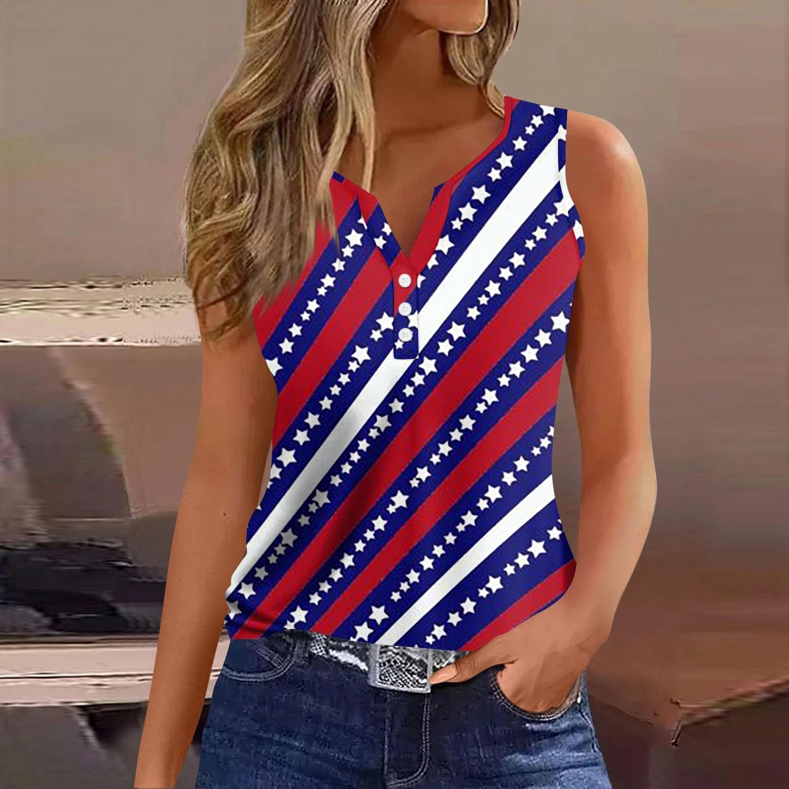 

Женская модная повседневная футболка без рукавов с v-образным вырезом и декоративными пуговицами, топ с принтом на День независимости S