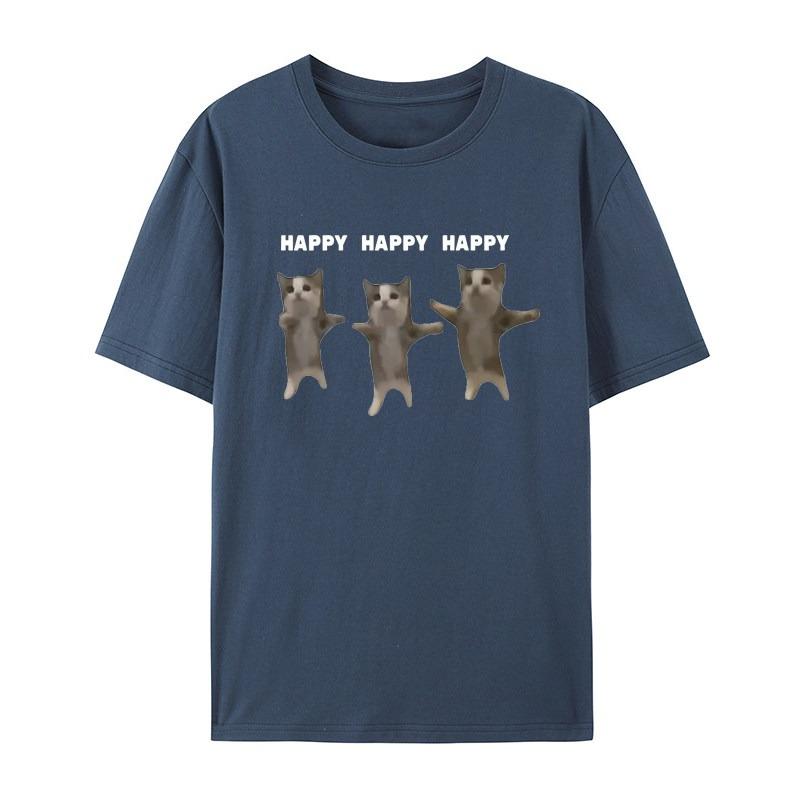 Cartoon Creative Happy Cat Casual TShirt Mens and Womens Luxury Brand Top