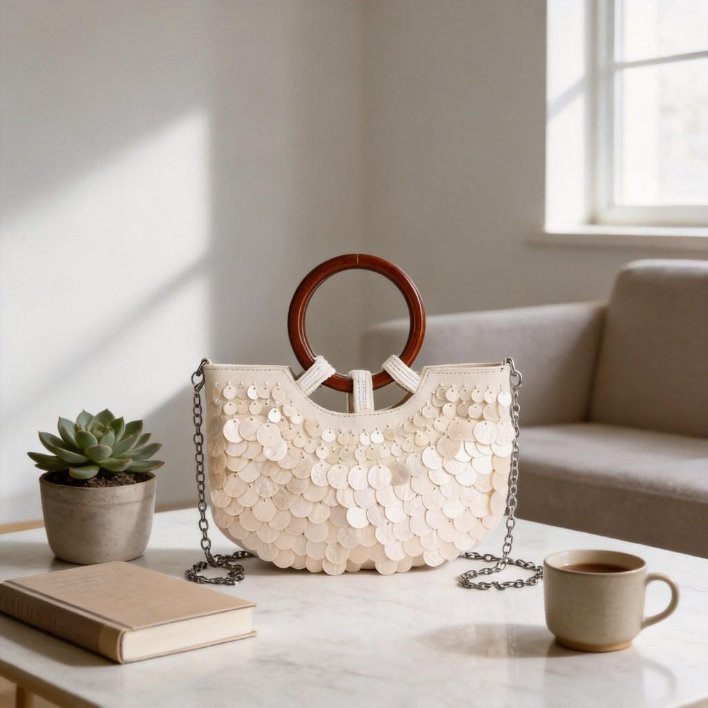 Feenmuschel-Handtasche mit Holzgriff für Strandresort und Sommer-Mode