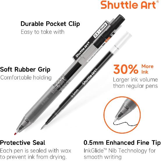 Shuttle Art Black Gel Pens, Ink Glide Series 15 Pack Retractable 0.5mm Fine Point Rollerball Gel Ink Pens Quick Drying Waterproof Smooth Writing with