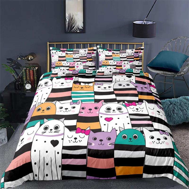 Kawaii Animal Duvet Cover Cute Cat Bedding Set For Girls Boys Kids, Pet Theme Cartoon Kitten Comforter Cover Lovely Cat Bed Set