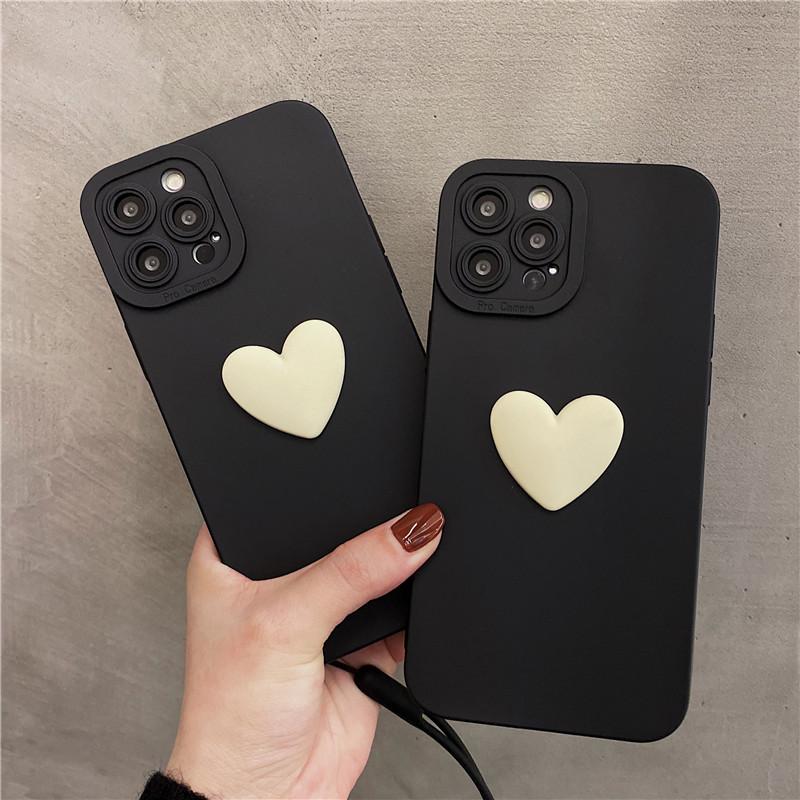 Korea Cute 3d Black Love Heart Bracelet Phone Case For Iphone 13 12 11 Pro Xs Max X Xr 7 8 Plus Se2022 Simple Soft Back Cover