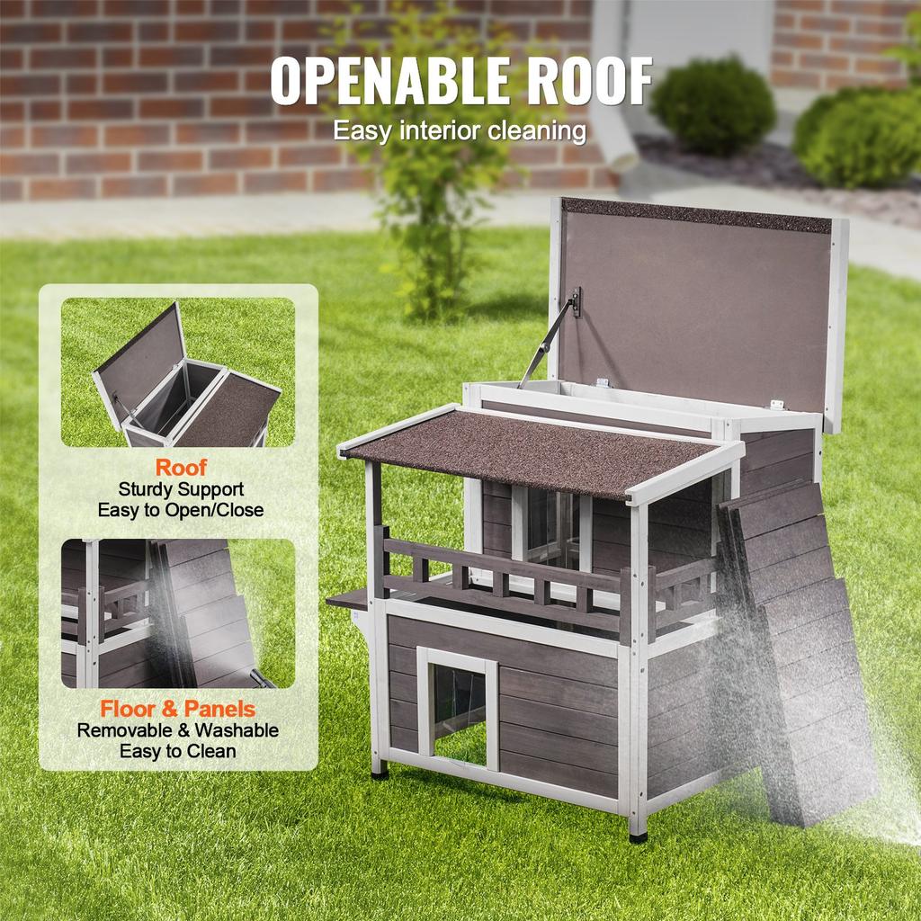 VEVOR Outdoor Cat House Weatherproof, Feral Cat Shelter for Multiple Cats, 2-story Large Outdoor Wooden Cat House with Balcony, Doors