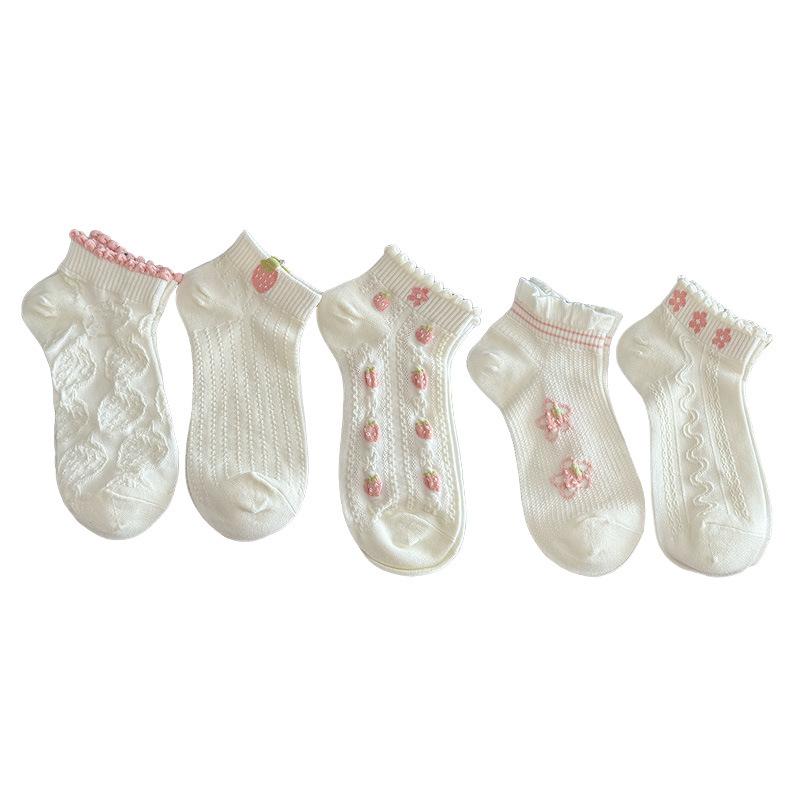 Floral Socks, Children's Short Socks, Summer Lightweight Cotton Socks, Mesh Ventilation, Strawberry Style, Versatile, Trendy, Short Tube, Summer