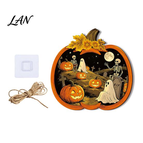 Autumn Seasonal House Decoration Halloween Wooden Pumpkin Sign, LED Light Up Ghost Hanging Sign Wall for Indoor Outdoor Holiday Party Decor Gift Goth