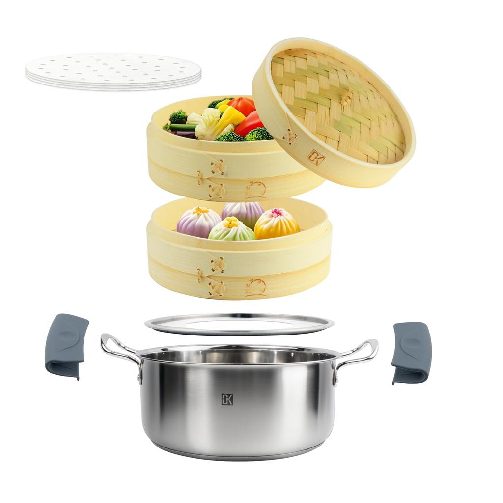 CORKAS 2-Tier Bamboo Steamer, 18cm, Home Steamer with Dedicated Steamer Pot Set, Chinese Steamer, Basket, and 50 Steaming Sheets