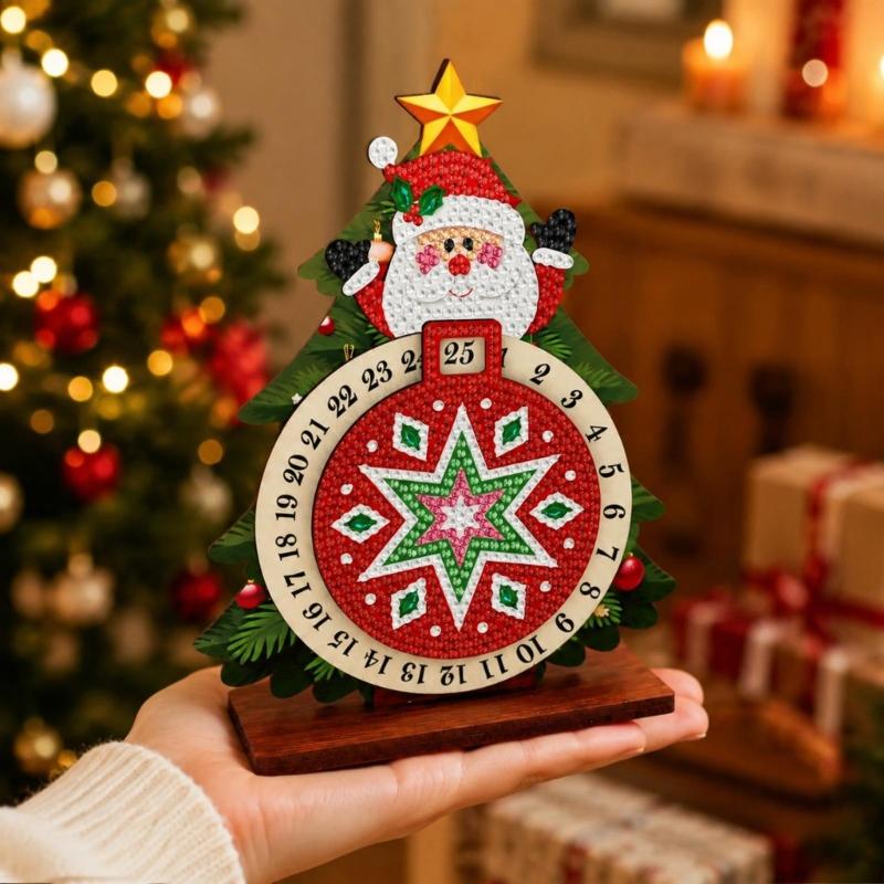 Christmas Number Panel Sign, Bead Art Holiday Accent for Desk Display with 1-25 Date Marker and Wood Stand Home