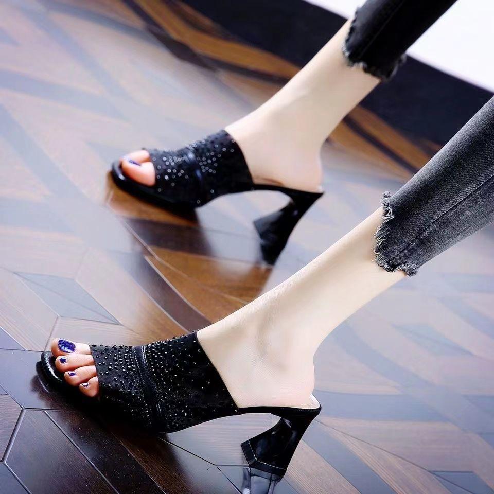 Fashion Mesh Heeled Shoes Open Toe Rhinestone Women's Slippers and Ladies Sandals Chic Elegant 2025 Trend Easy Wears New Style 39 Slides