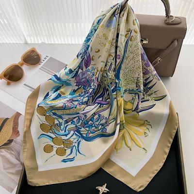 70Cm Plant And Flower Printed Silk Scarf Women Imitation Scarves High-End Temperament And Versatile Neck Protection Scarf Shawl