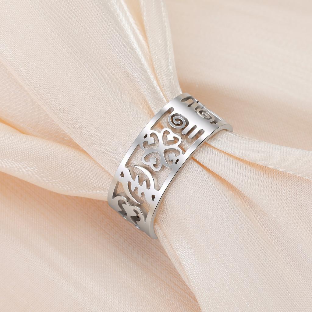 Stainless Steel Adinkra Symbol Open Ring African Akan Sankofa & Nyame Dua Ring Adjustable Ethnic Tribal Jewelry for Women Men