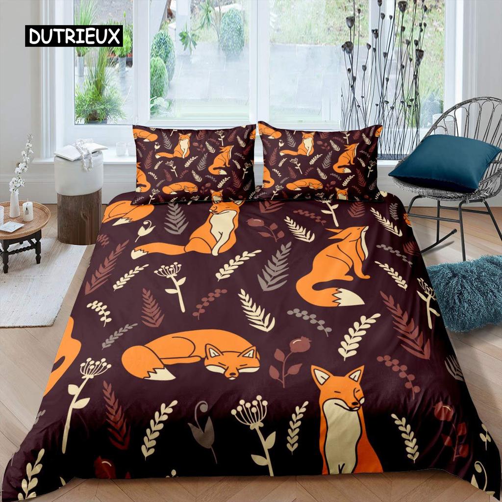 Fox Duvet Cover Set Girls Cartoon Fox Bedding Set Lovely Animal Theme Comforter Cover for Kids Teens King Polyester Quilt Cover