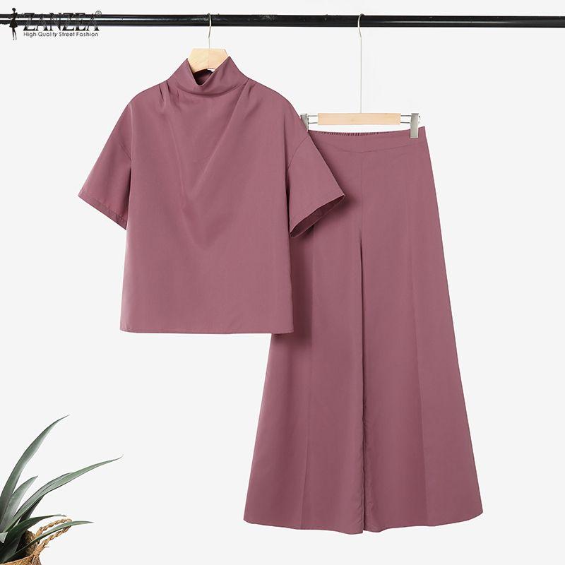 ZANZEA Women Short Sleeve Blouse and Wide Leg Pants Casual Two Piece Suit Sets