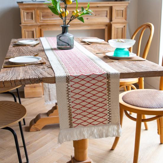 Boho Style Table Runner Patchwork Color Long Farmhouse Rustic Table Runner with Tassel Party Home Decor