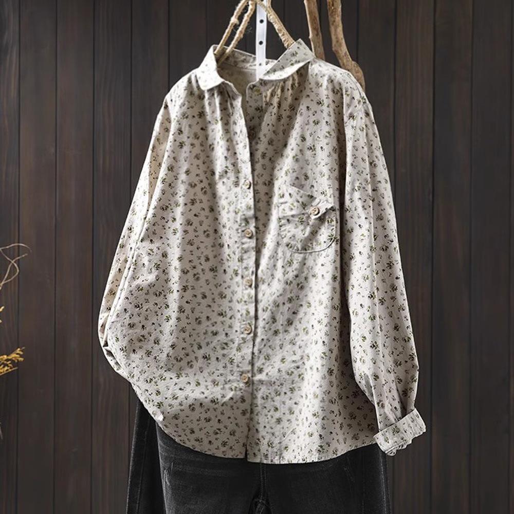 

Japan Style Khaki Beige Gray Printed Shirts Long Sleeve Blouses for Women Spring Tops Middle-aged Women s Clothing One Size сірий колір