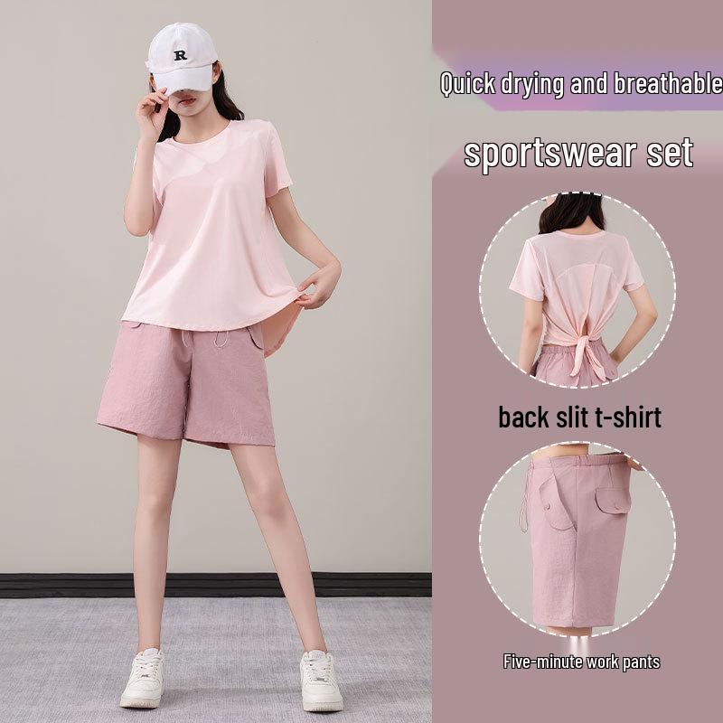 Women's Purple Two-Piece Set: Quick-Dry Ice Silk T-Shirt & Loose Five-Point Cargo Shorts