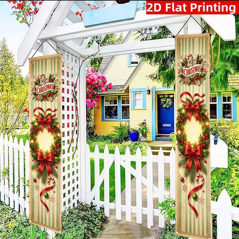 2D Flat, 2pcs, Banner (11.8 X 70.8 Inches / 30 X 180 Cm) Polyester Fiber Polyester, Striped Background Christmas Wreath Pattern Berries Bow Decoration