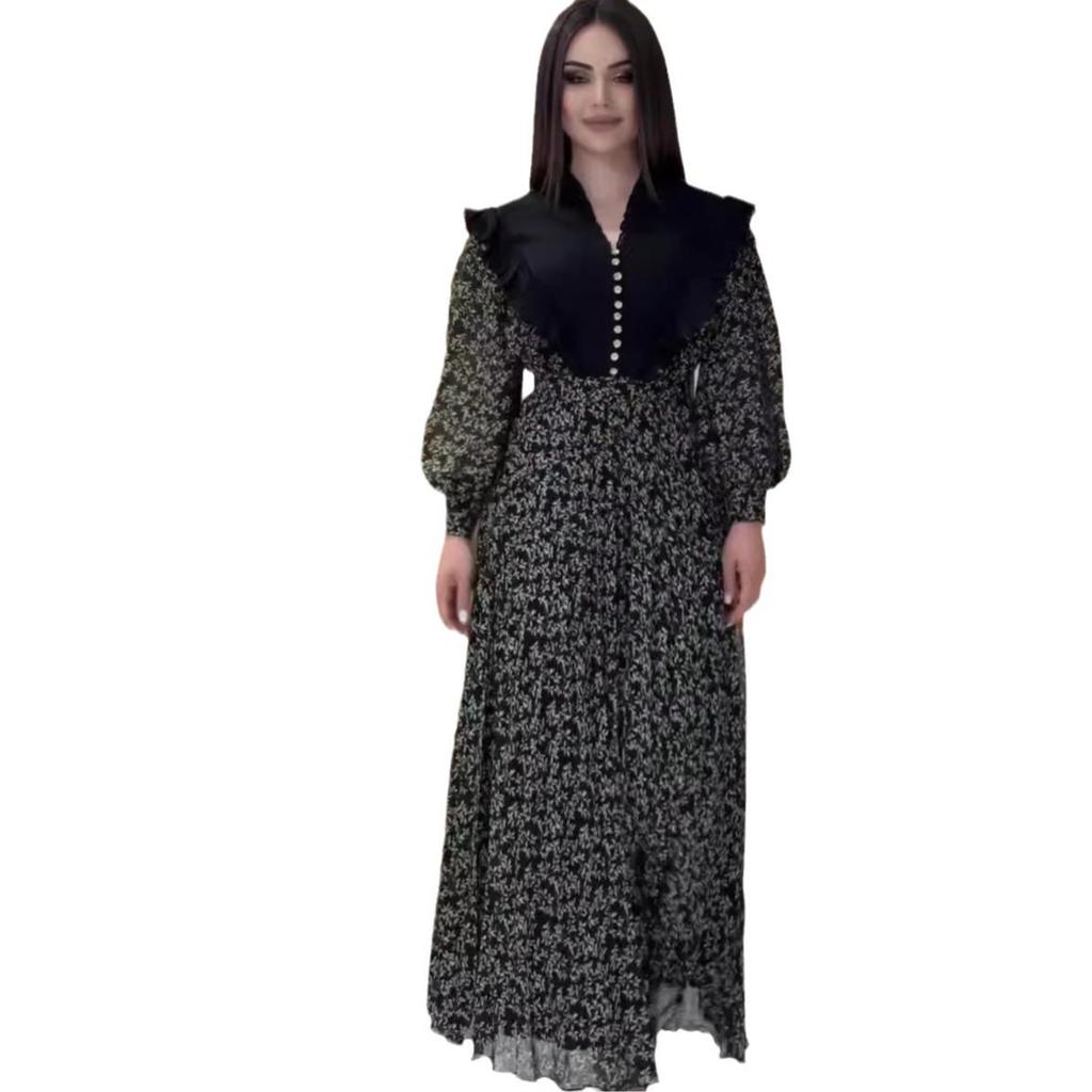 Autumn 2024 Retro Floral Color Block Dress with Turn-Down Collar and High Waist