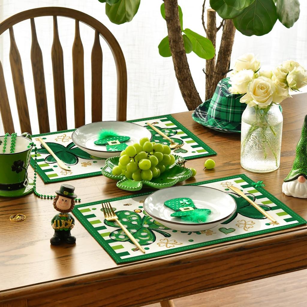Four Leaf Clover Shamrocks St. Patrick's Day Placemats Set of 4, 12x18 Inch Seasonal Spring Table Mats for Party Kitchen Dining Decoration