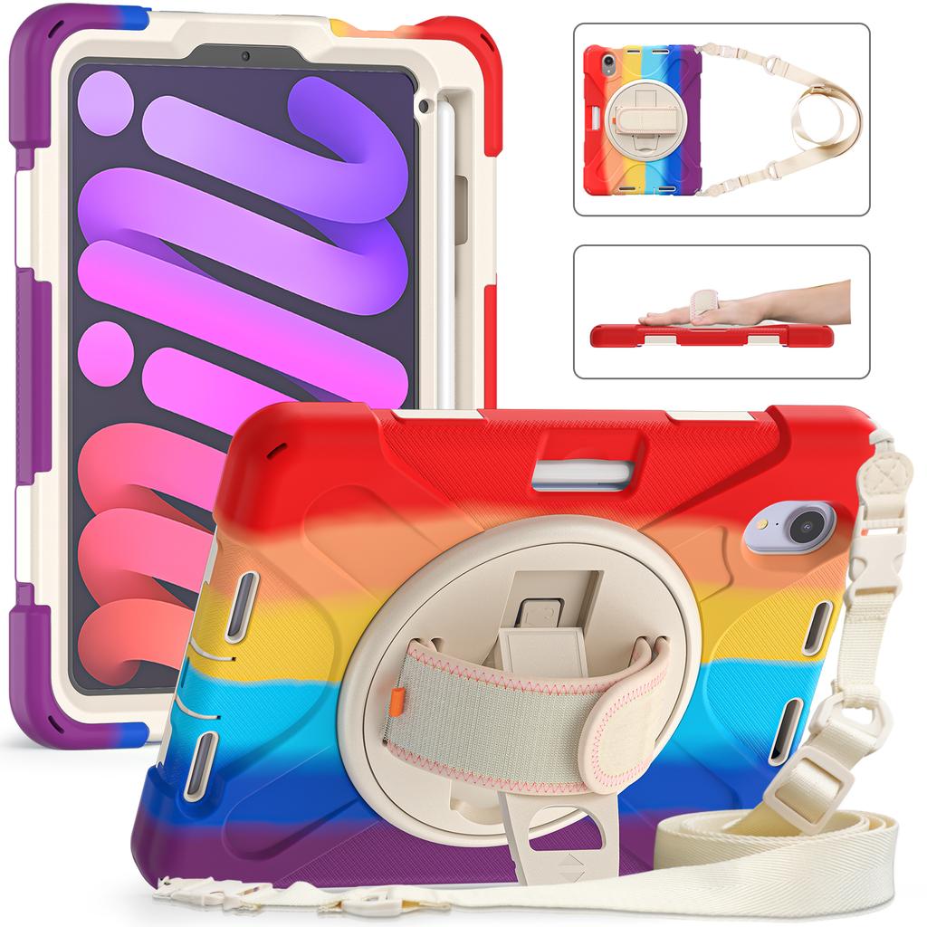 Heavy Duty Case Universal for IPad Mini 7 A17 Pro 2024 2021 8.3" Rotatable Stand Hybrid Cover with Hand Shoulder Strap, Pen Slot