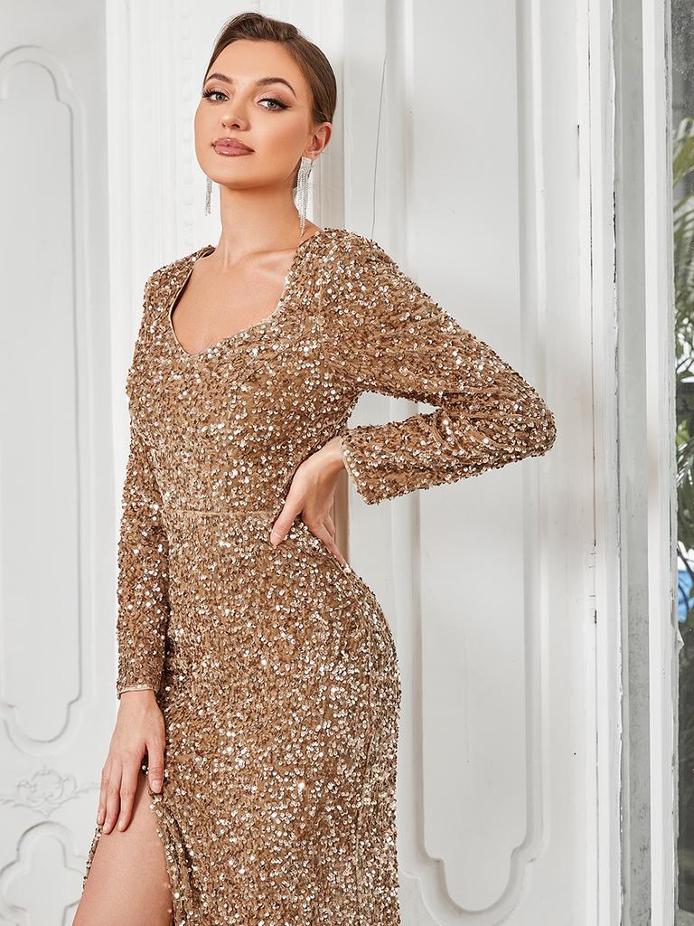 Ever-Pretty Women's Shiny Long Sleeves Sweetheart Fishtail Sequin Front Slit Bodycon Evening Dresses