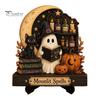 Healing Atmosphere Home Art Halloween Reading Ghost Figurine, Retro Wooden Statue, Vintage Desktop Creative Ornament with Stacked Book for Office
