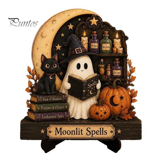 Healing Atmosphere Home Art Halloween Reading Ghost Figurine, Retro Wooden Statue, Vintage Desktop Creative Ornament with Stacked Book for Office