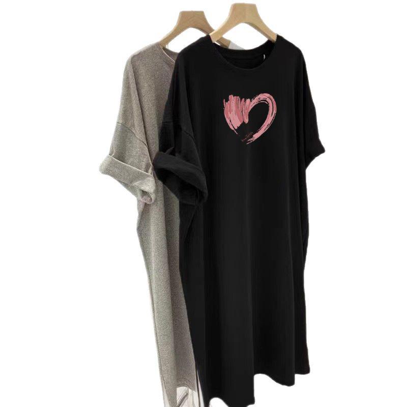 Extra-Long Temperament Print Over-the-Knee Casual T-shirt Dress