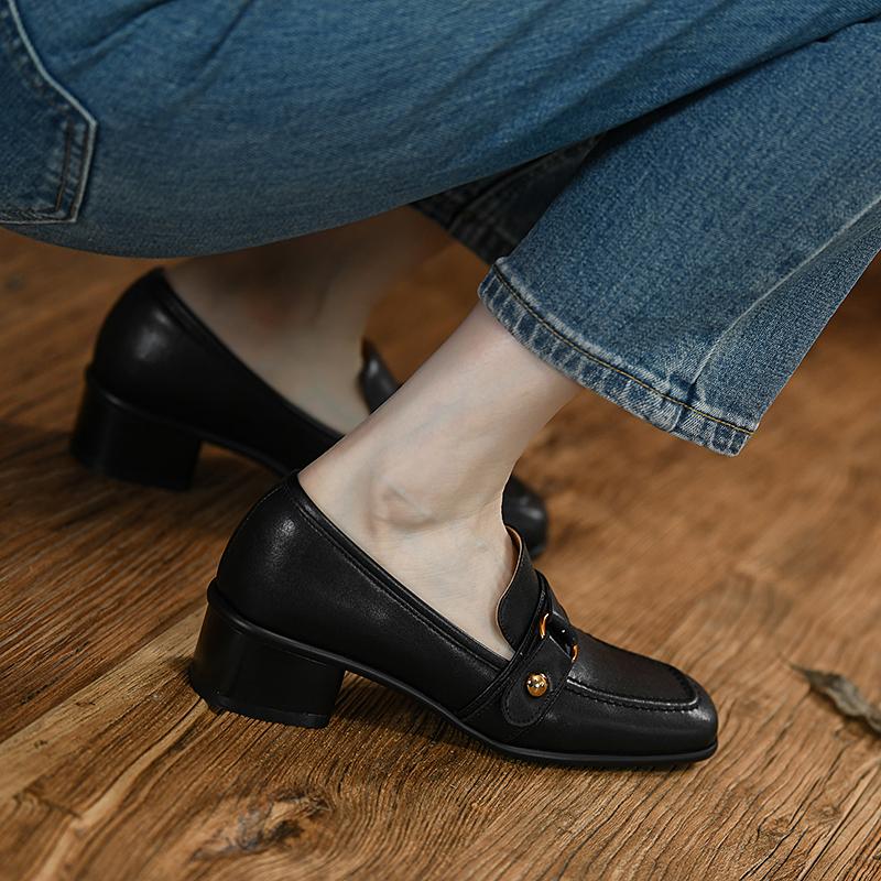 Fashion 2025 New Spring Women Shoes Cow Leather Loafers Shoes Women Square Toe Thick Heel Pumps Women Black Shoes Zapatos De Mujer