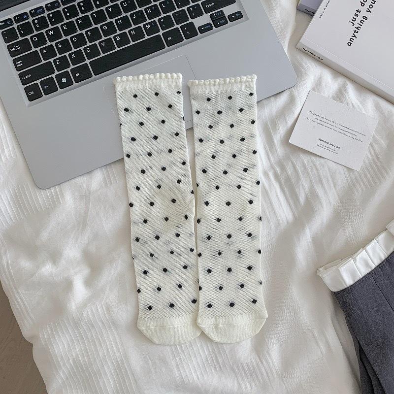 Ballet-style Bow Pile Socks, Women's Mid-calf Socks, Summer Thin Mesh Perforated Polka Dot Socks